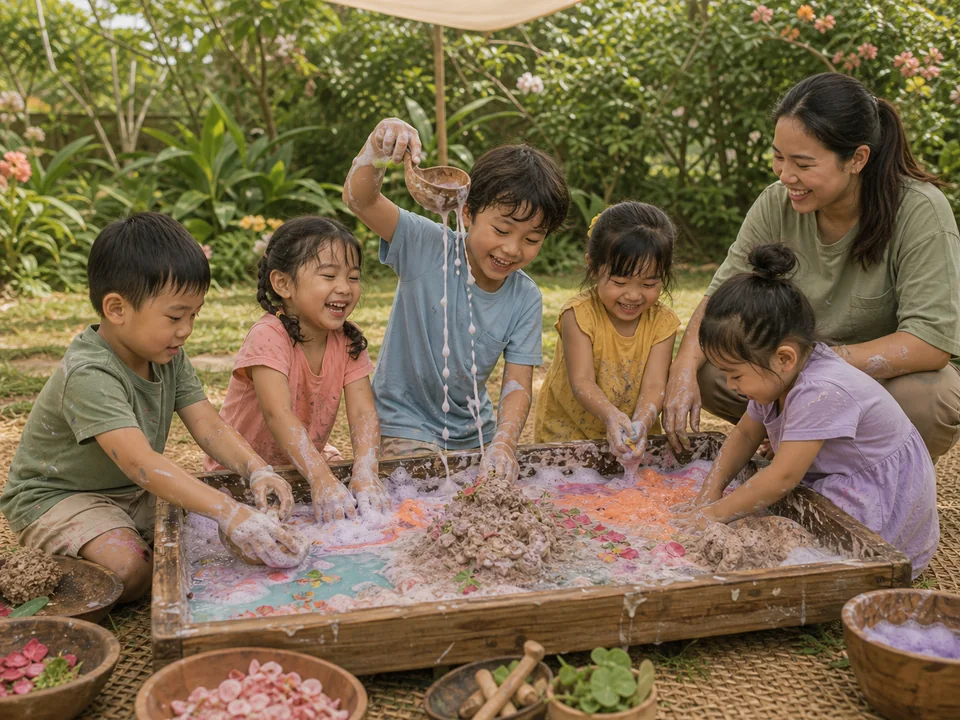 Five children joyfully scoop and swirl foam, water and soft mud together during a garden sensory-play session